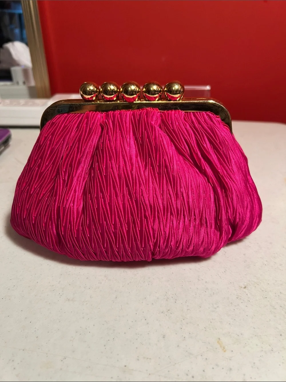 Hot Pink Pleated Clasp Evening Clutch